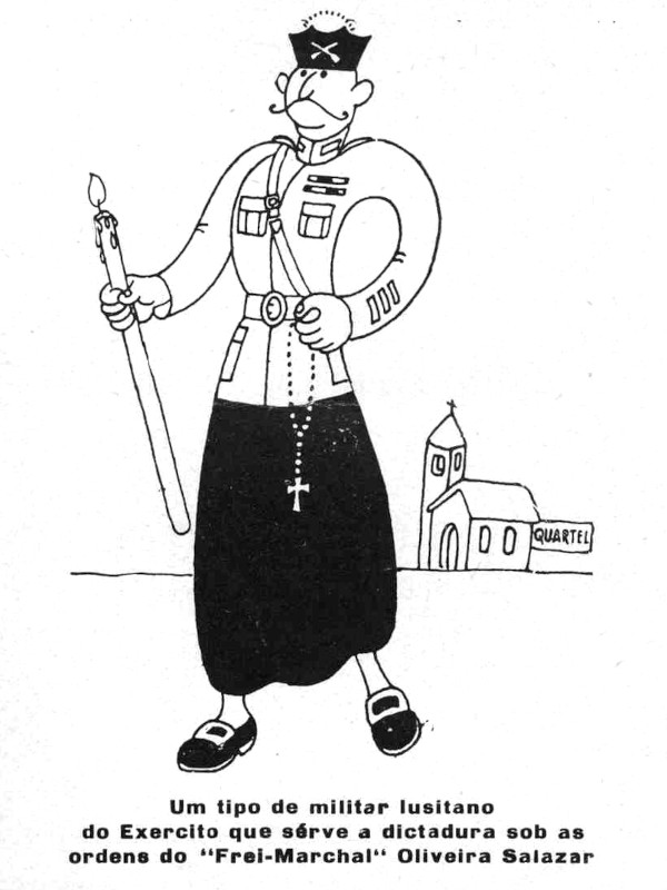 Caricatura com referência ao poder crescente de Salazar e à igreja com etiqueta de quartel