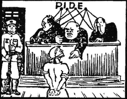 A manipulação dos tribunais políticos pela PIDE/DGS (desenho de José Dias Coelho)