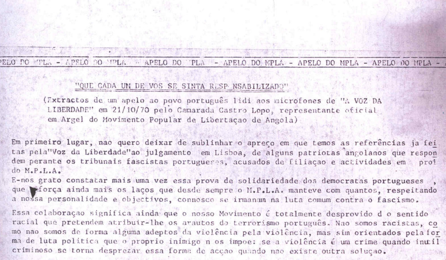 "Que cada um de vós se sinta responsabilizado", Excerto do Apelo do MPLA lido aos microfones da Rádio Voz da Liberdade, em 21-10-1970