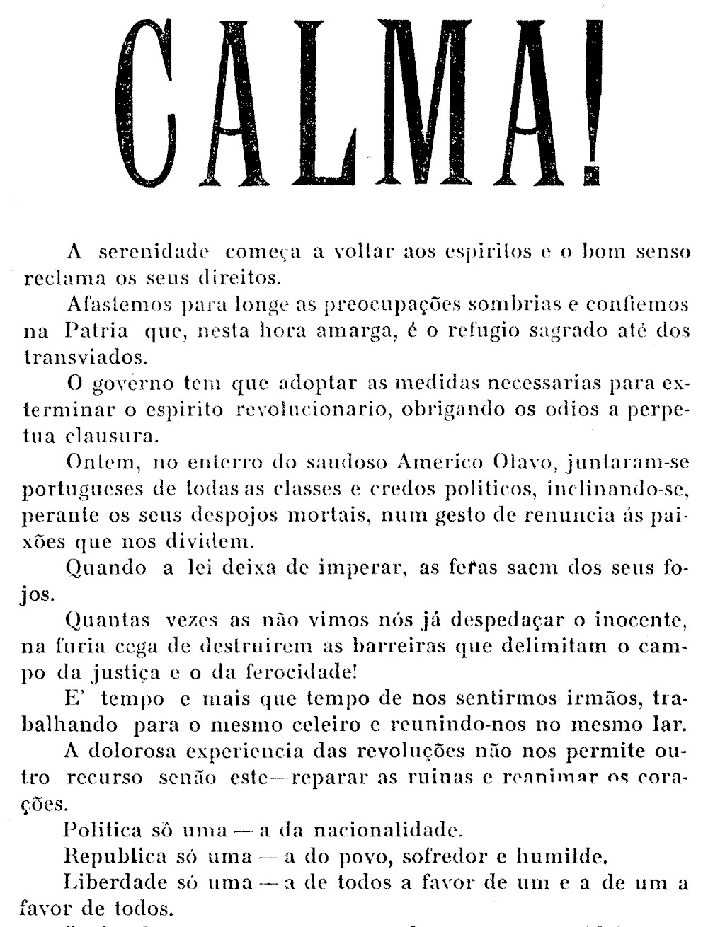 Calma!, O país deseja ordem, 14 de fevereiro de 1927