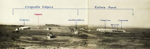 Imagem do Campo de Concentração do Tarrafal, estando assinaladas as suas principais instalações iniciais