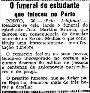 Notícia do funeral de João Martins Branco