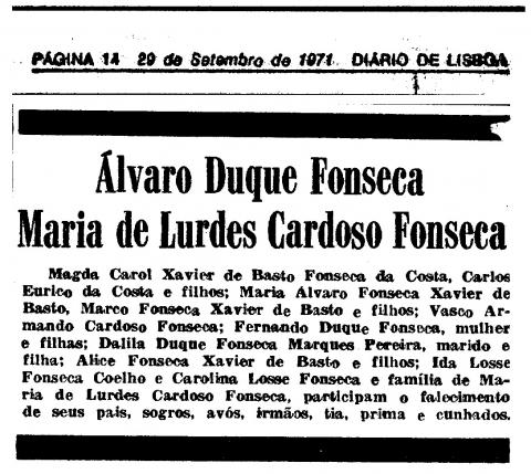 Anúncio necrológico publicado sobre a morte de Álvaro Duque da Fonseca e sua mulher, ainda que nada conste no jornal sobre o que aconteceu. O nome de Carolina Loff aparece escrito "Losse".