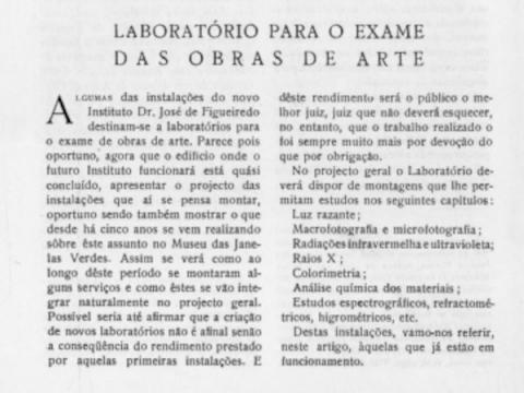 Primeira página do artigo de Manuel Valadares sobre o "Laboratório para o exame das obras de arte"