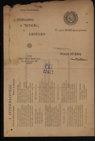 Hinos Revolucionários, editor: Carlos Guedes Leal, tiragem: 20 000 exemplares, 1920 (ANTT)