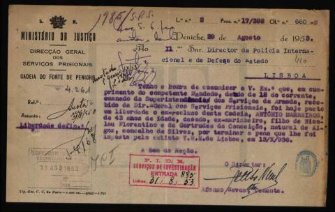 António Marreiros sai em liberdade da Fortaleza de Peniche no dia 29 de agosto de 1953, após ter sido condenado no TME em 13-10-1936 