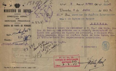 No dia 6 de julho de1953, Fernando Vicente, transferido do Tarrafal, dá entrada na Cadeia do Forte de Peniche