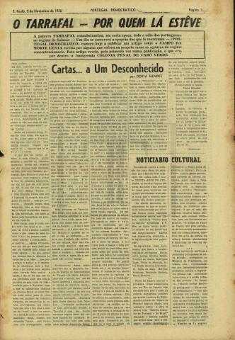 Artigo sobre o Campo de Concentração do Tarrafal, publicado no jornal "Portugal Democrático" de S.Paulo, Brasil, de 03-11-1956, assinado por Doria Mendes (presumível pseudónimo de Tomaz Ferreira Rato)