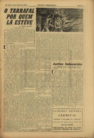 Artigo sobre o Campo de Concentração do Tarrafal, publicado no jornal "Portugal Democrático" de S.Paulo, Brasil, de 12-01-1957, assinado por Doria Mendes (presumível pseudónimo de Tomaz Ferreira Rato)