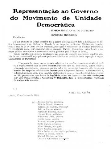 Excerto da "Representação ao Governo do Movimento de Unidade Democrática" (Ferreira de Macedo é um dos signatários)