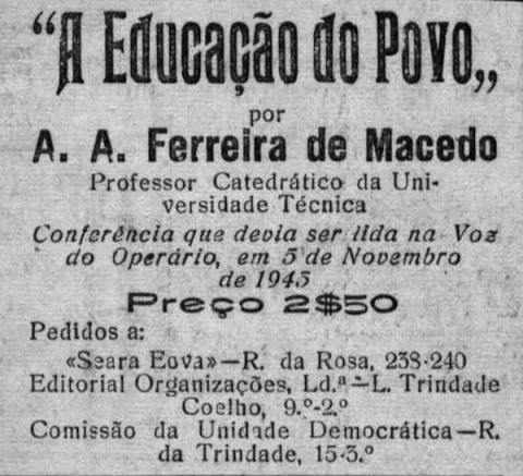 Anúncio da edição pela Seara da conferência (proibida) "A Educação do Povo", da autoria de Ferreira de Macedo