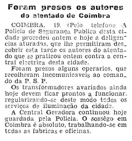 Recorte do Diário de Lisboa de 19-01-1934, anunciando a prisão dos "autores do atentado de Coimbra"